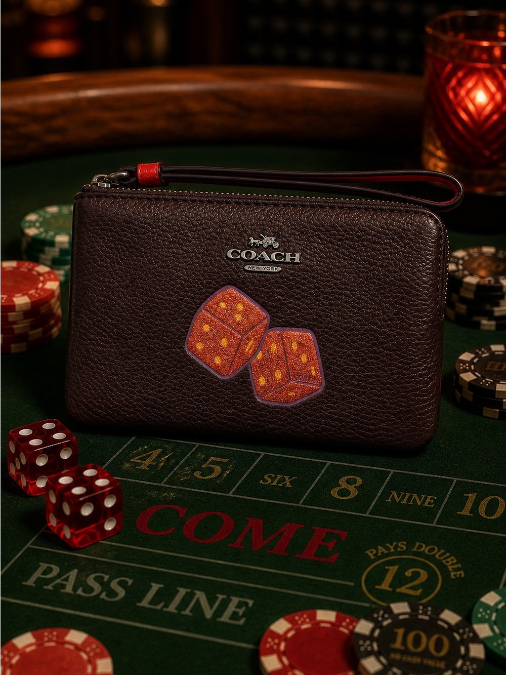 Coach Limited Edition Glitter Dice Motif Oxblood Pebbled Leather Wristlet EUC
